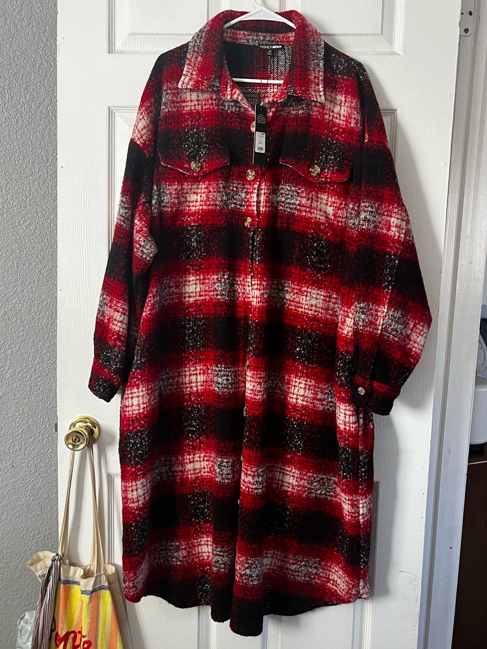 Plaid Longline Shacket in red and black Fashion Nova